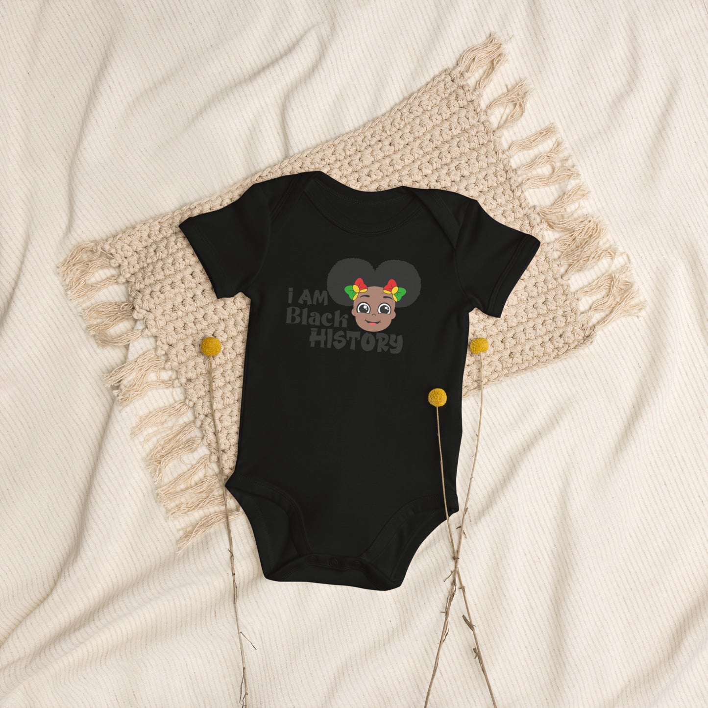 Organic cotton baby bodysuit - I Am Black History Month (Girl with Afro Puffs)
