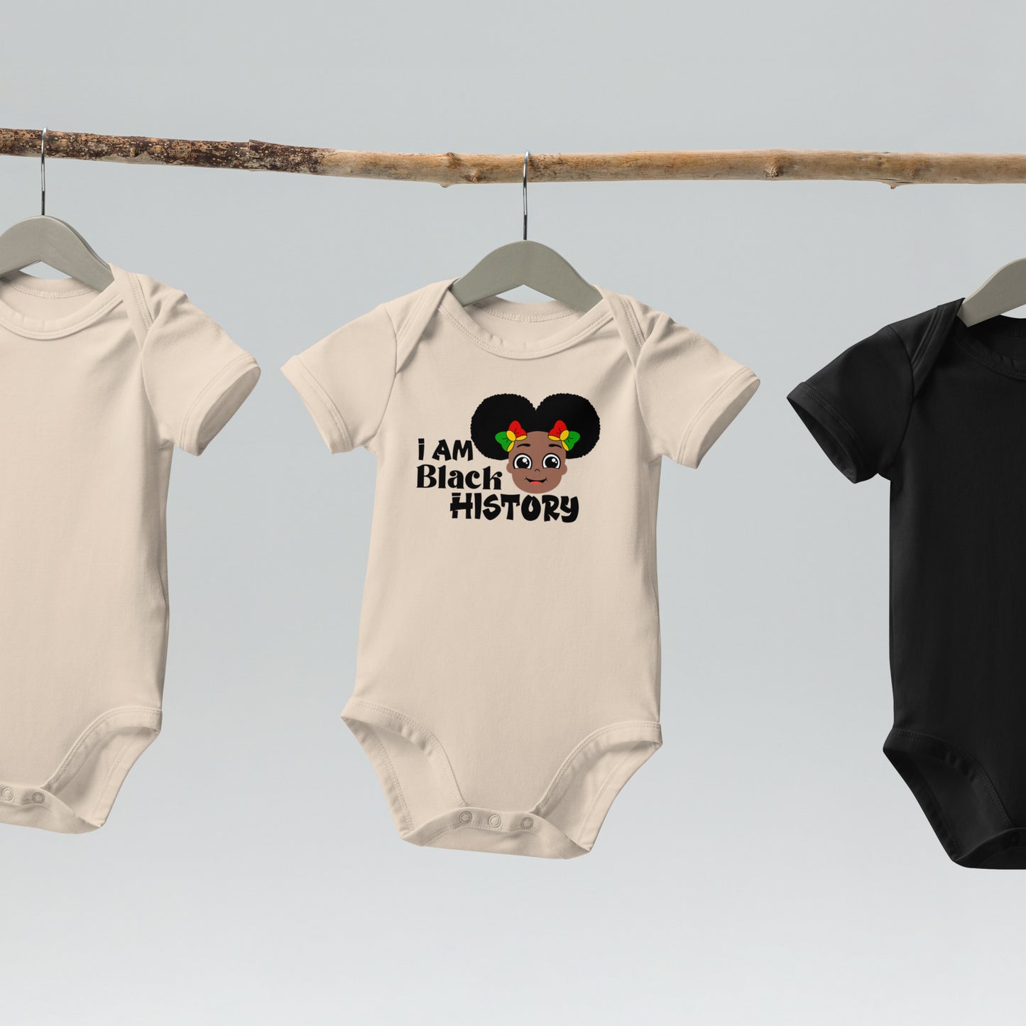 Organic cotton baby bodysuit - I Am Black History Month (Girl with Afro Puffs)