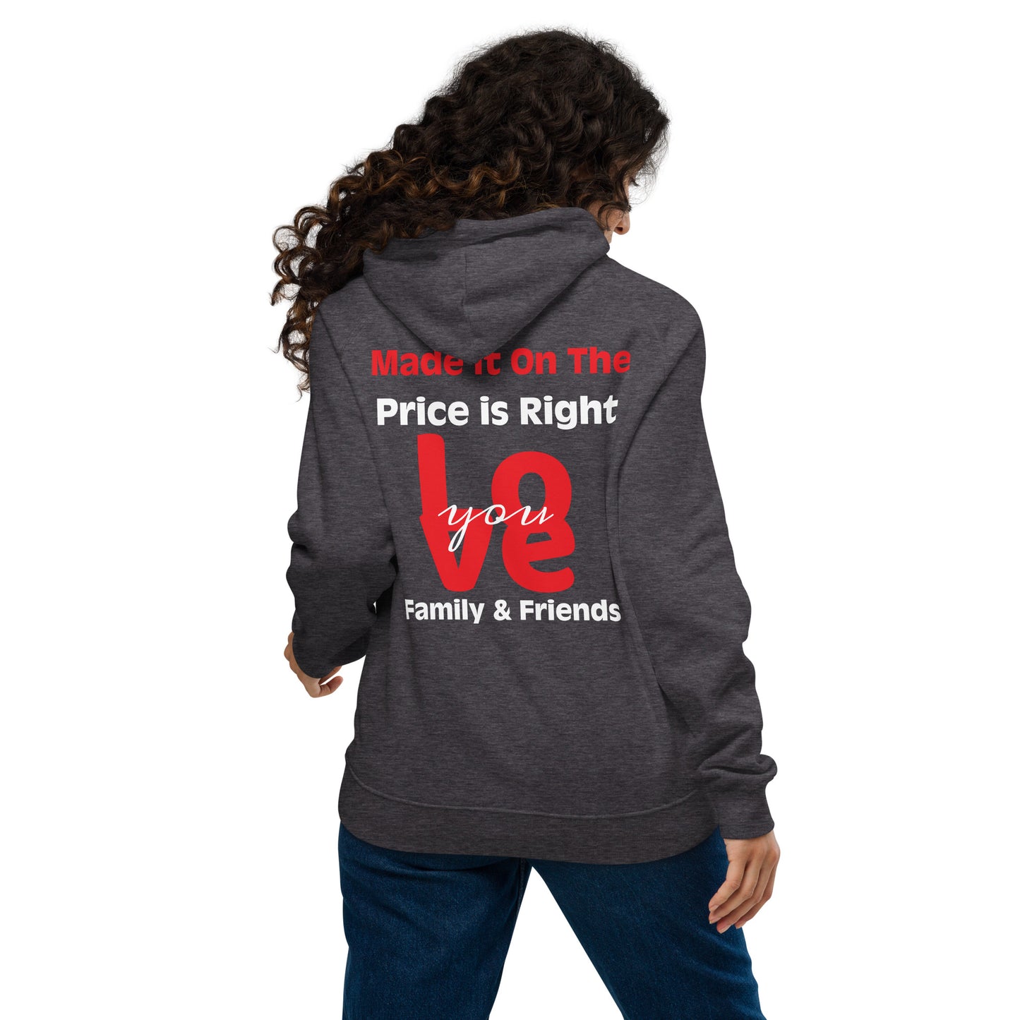 Unisex eco raglan hoodie - The Price Is Right - Spin The Wheel on Front - Greeting to Family & Friends on Back