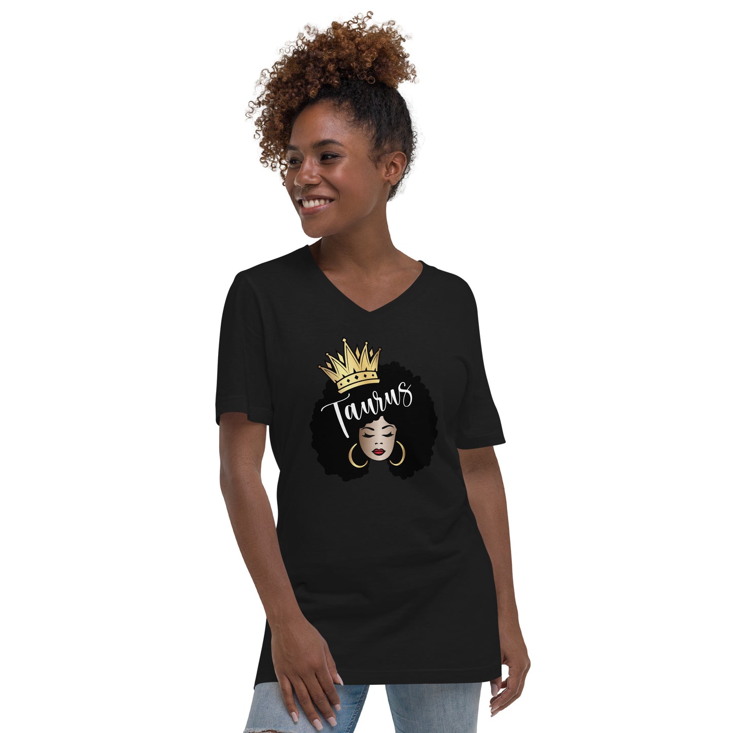 Women's Short Sleeve V-Neck T-Shirt - Taurus Afro Queen