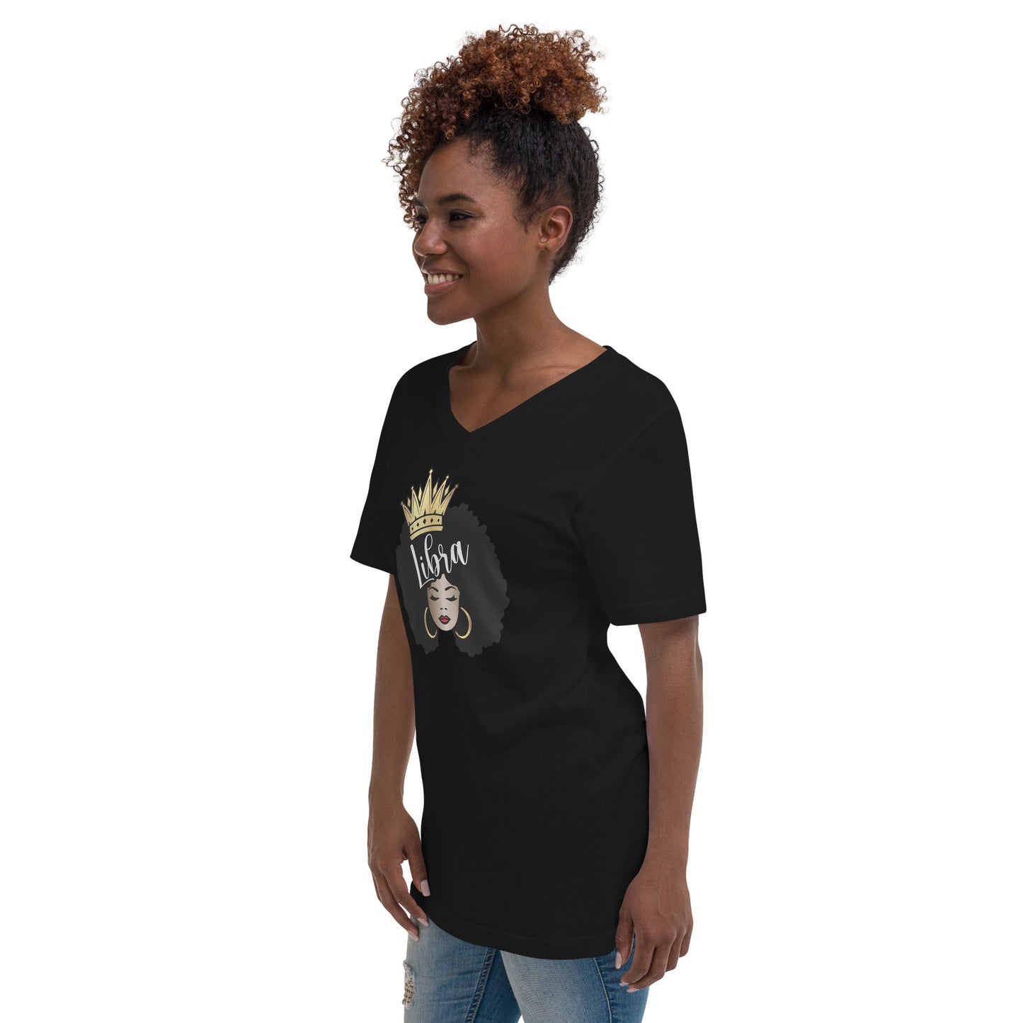 Women's Short Sleeve V-Neck T-Shirt - Libra Afro Queen