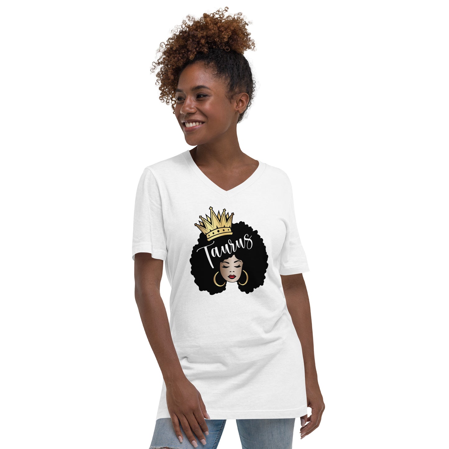 Women's Short Sleeve V-Neck T-Shirt - Taurus Afro Queen