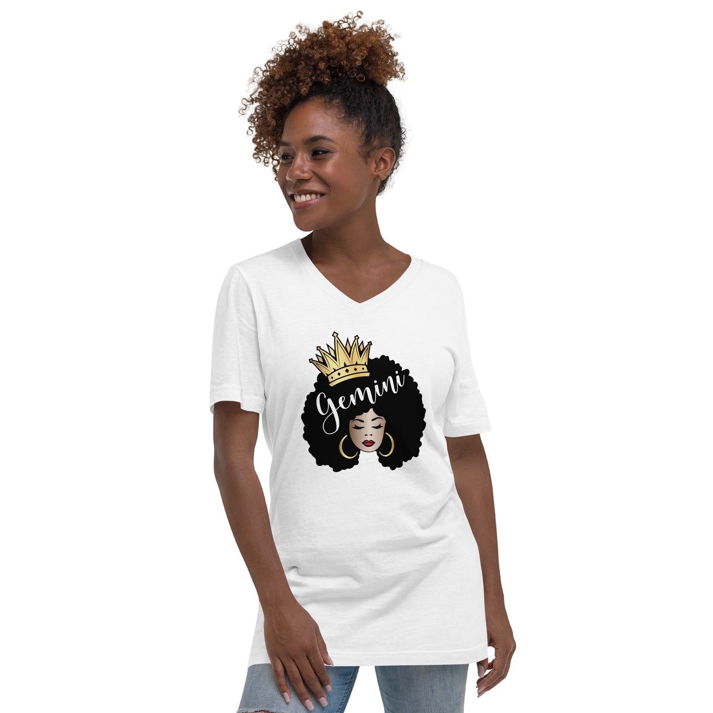 Women's Short Sleeve V-Neck T-Shirt - Gemini Afro Queen