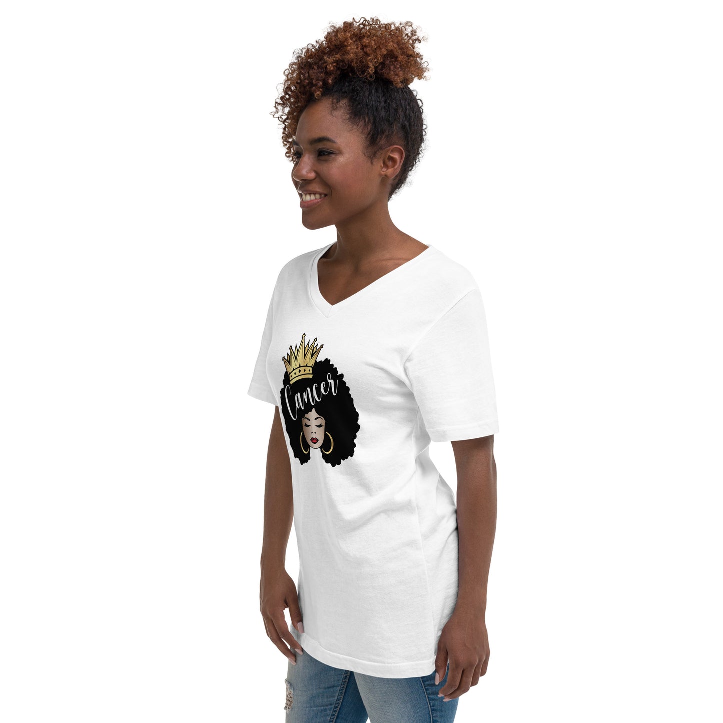 Women's Short Sleeve V-Neck T-Shirt - Cancer Afro Queen