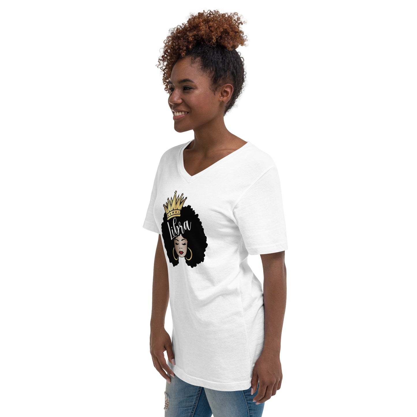 Women's Short Sleeve V-Neck T-Shirt - Libra Afro Queen