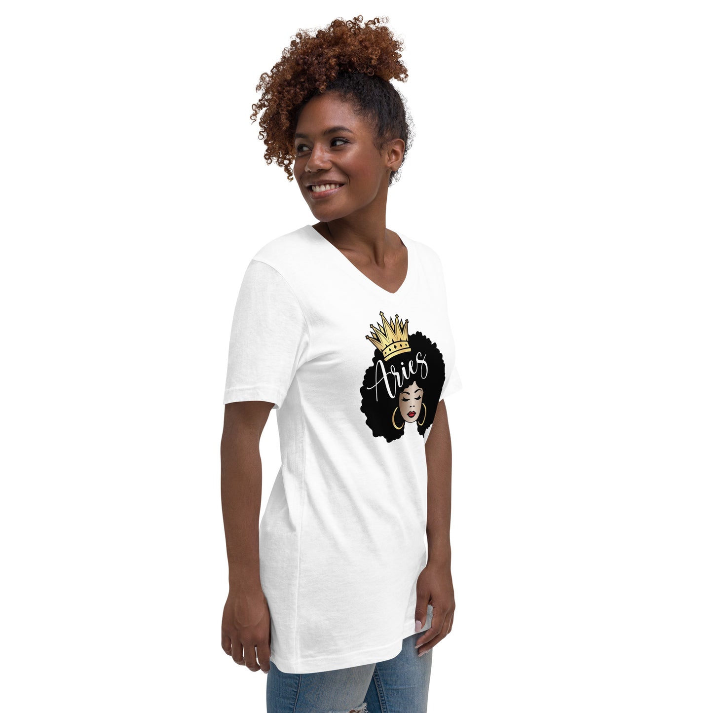 Women's Short Sleeve V-Neck T-Shirt - Aries Afro Queen