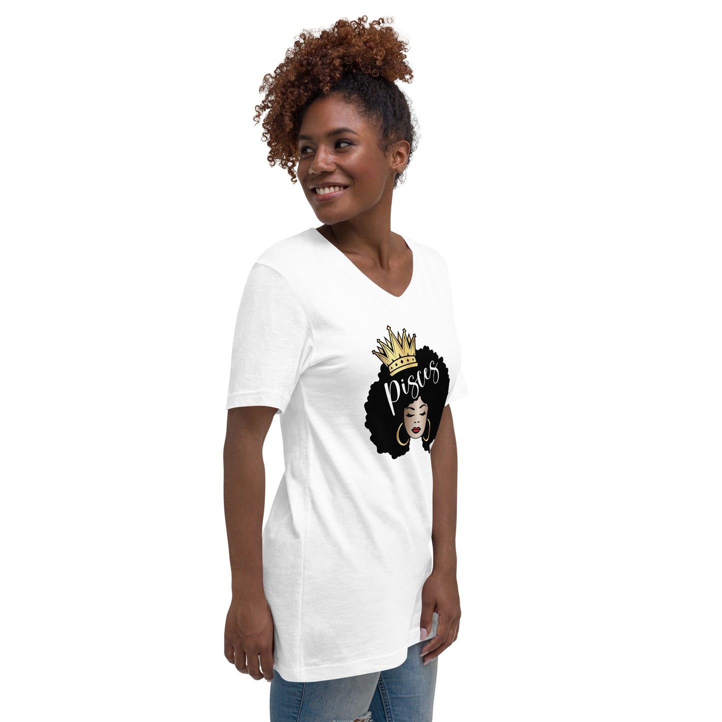 Women's Short Sleeve V-Neck T-Shirt - Pisces Afro Queen
