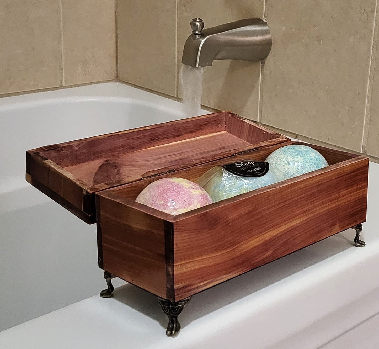 CaBougieDo® Solid Aromatic Cedar Wood Bath Bomb Box with Brass Antique Legs (Size: 10" x 4" x 3.25")